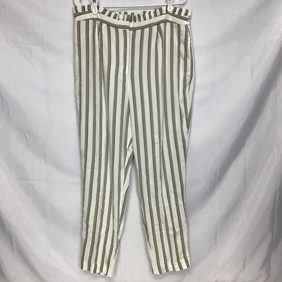 Express NWT Paperbag Waist Striped Ankle Pants High Rise Ivory Green 14R - Picture 2 of 13